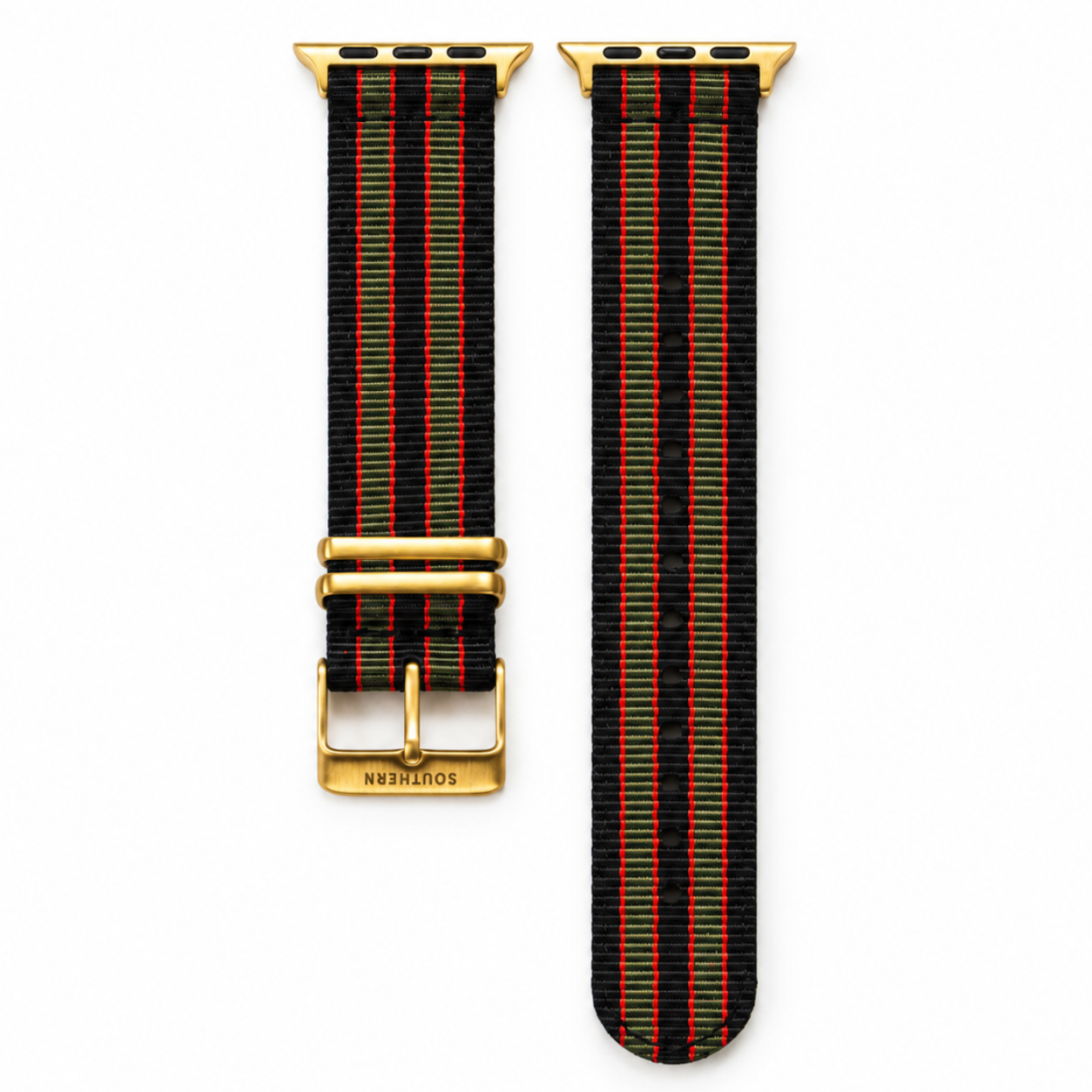 Black, red and green striped woven nylon Apple Watch band with gold buckle — Southern Straps