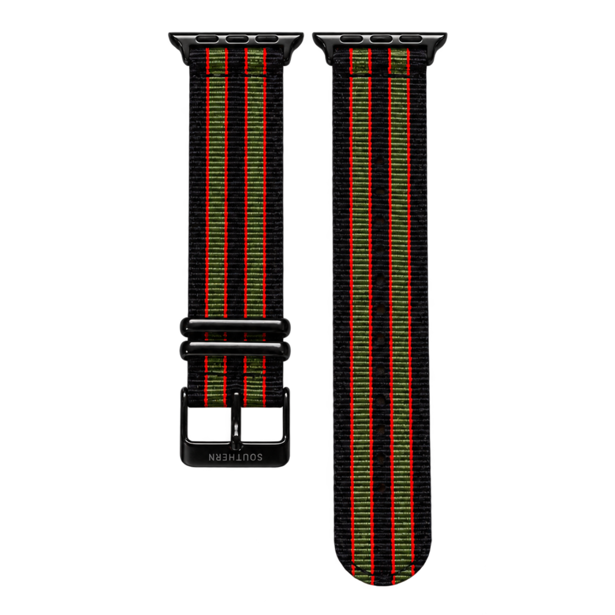 Black, red and green striped woven nylon Apple Watch band with black buckle — Southern Straps