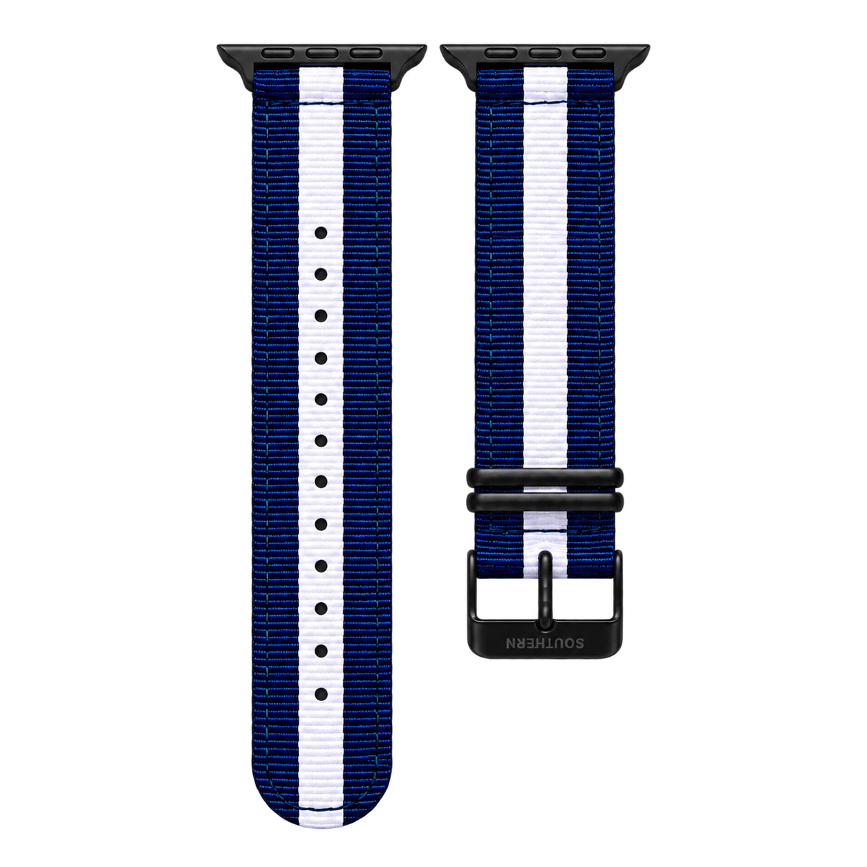 Blue and white striped woven nylon Apple Watch band with black buckle — Southern Straps