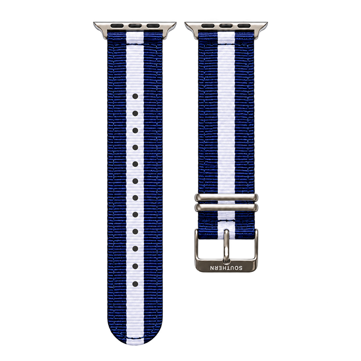 Blue and white striped woven nylon Apple Watch band with silver buckle — Southern Straps