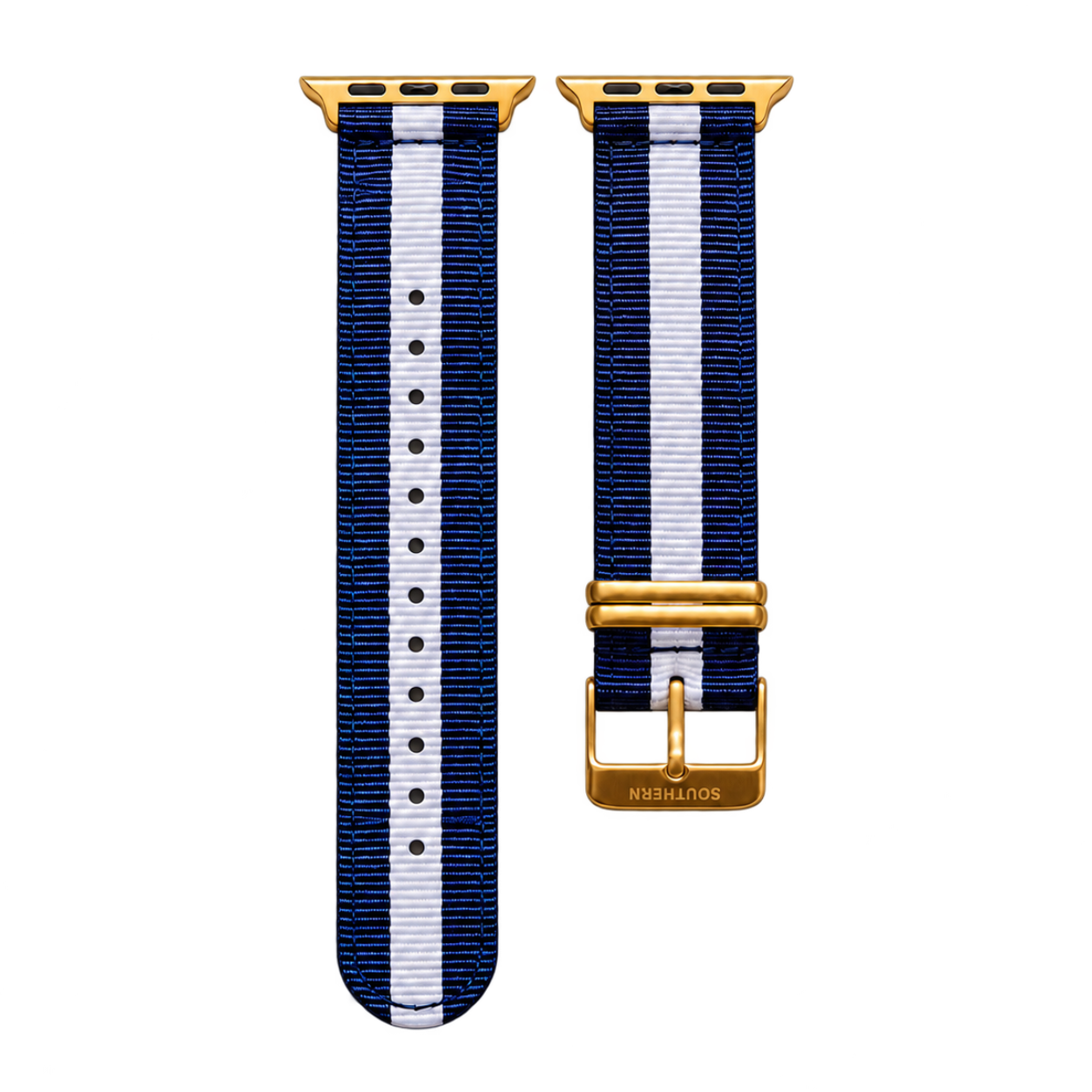 Blue and white striped woven nylon Apple Watch band with gold buckle — Southern Straps