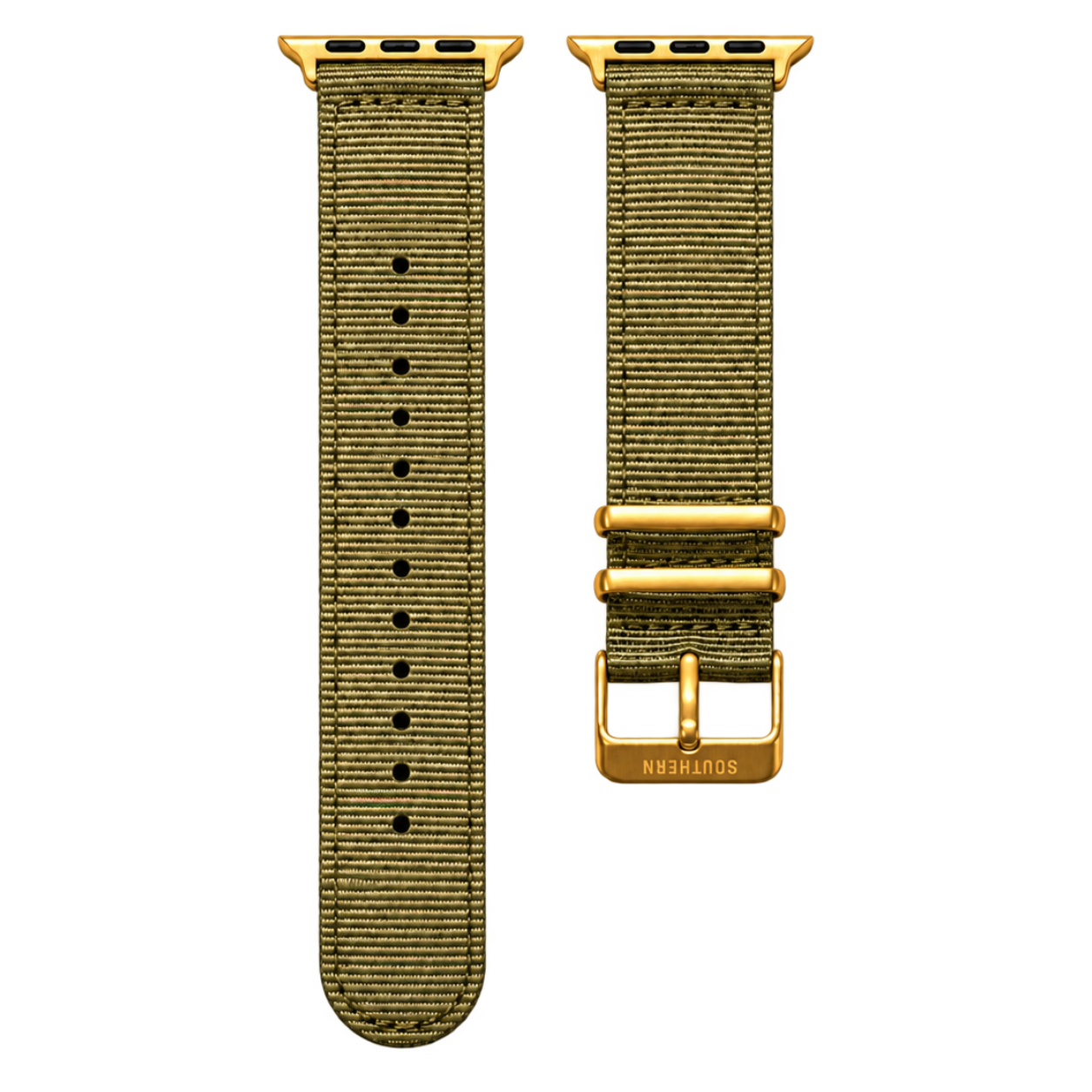 Green woven nylon Apple Watch band with gold buckle — Southern Straps
