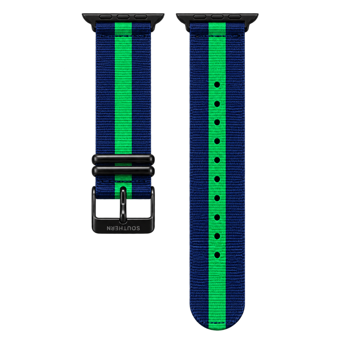 Blue and green striped woven nylon Apple Watch band with black buckle — Southern Straps