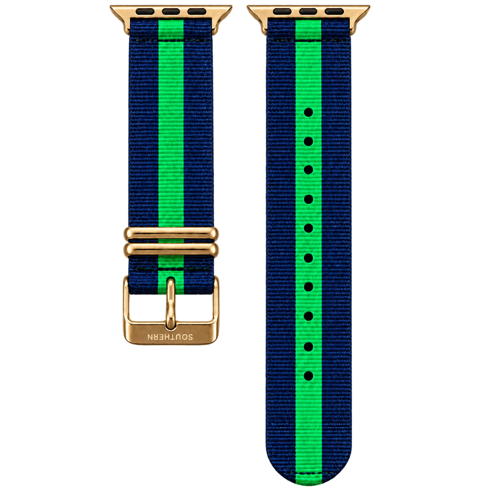 Blue and green striped woven nylon Apple Watch band with gold buckle — Southern Straps