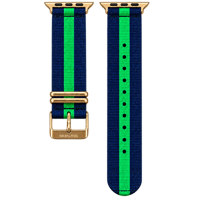 Blue and green striped woven nylon Apple Watch band with gold buckle — Southern Straps