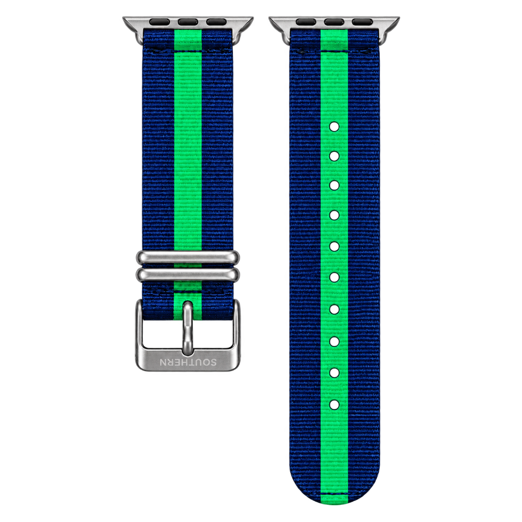 Blue and green striped woven nylon Apple Watch band with silver buckle — Southern Straps
