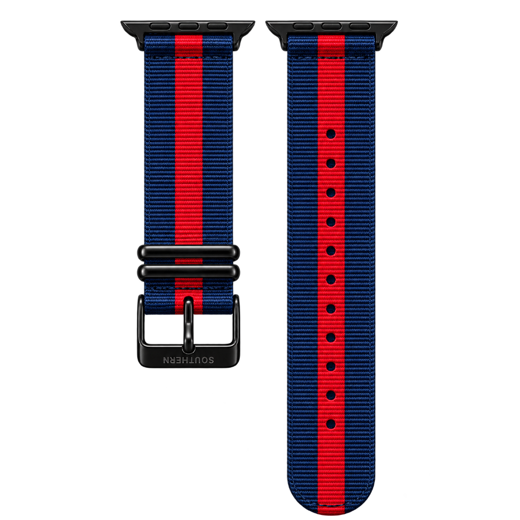 Blue and red striped woven nylon Apple Watch band with black buckle — Southern Straps