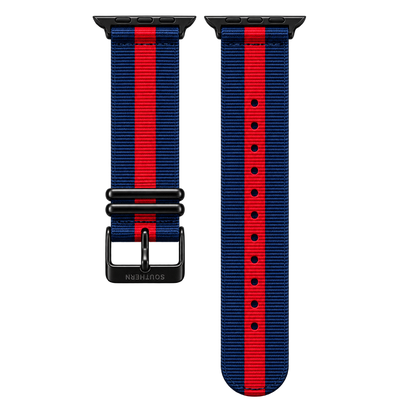 Blue and red striped woven nylon Apple Watch band with black buckle — Southern Straps