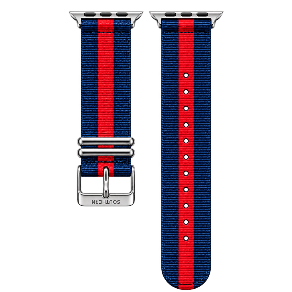 Blue and red striped woven nylon Apple Watch band with silver buckle — Southern Straps
