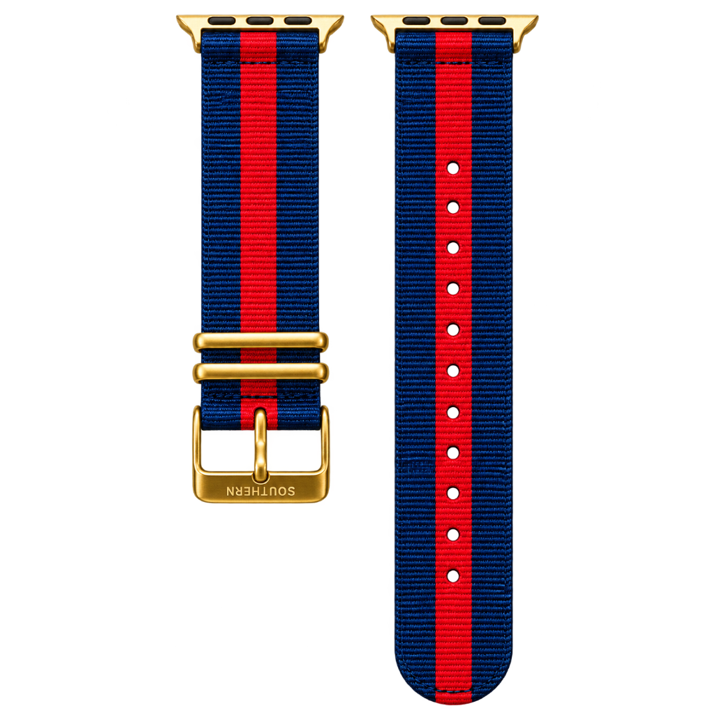 Blue and red striped woven nylon Apple Watch band with gold buckle — Southern Straps