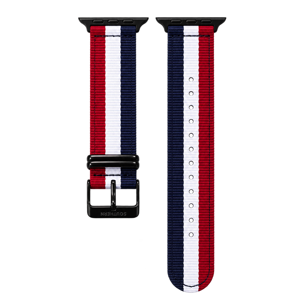 Red, white and blue striped woven nylon Apple Watch band with black buckle — Southern Straps