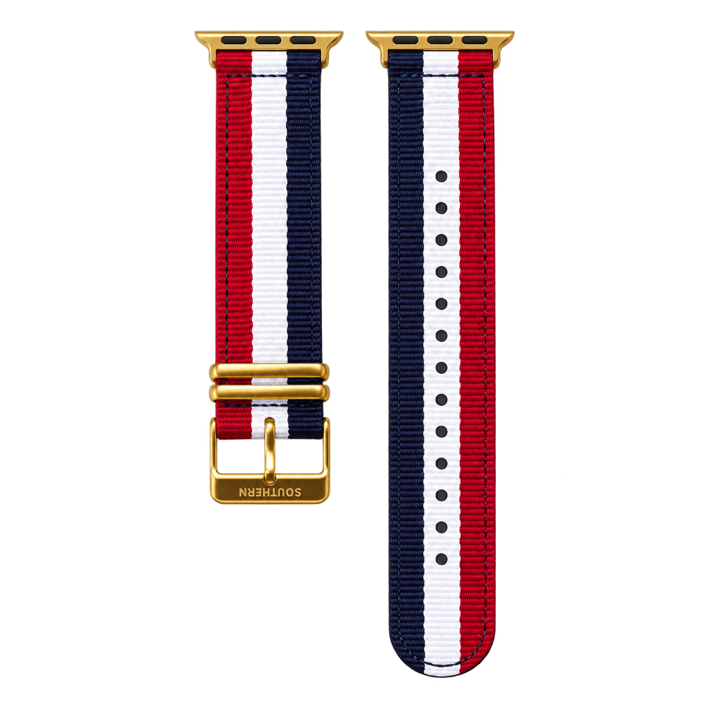 Red, white and blue striped woven nylon Apple Watch band with gold buckle — Southern Straps