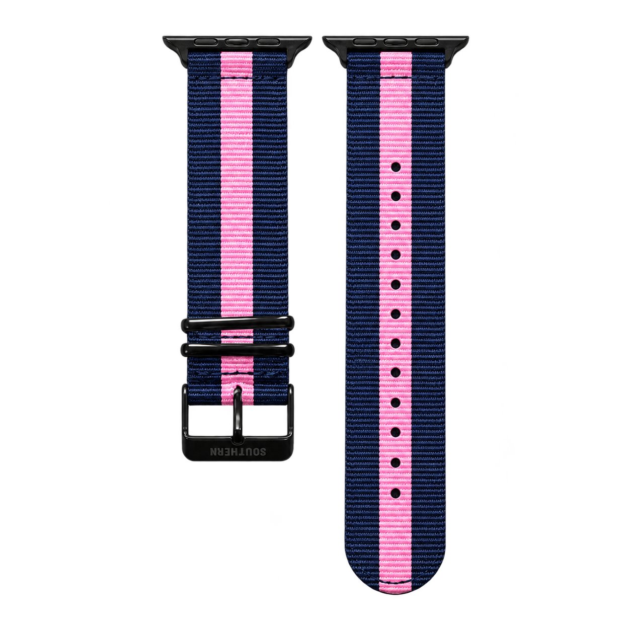 Blue and pink striped woven nylon Apple Watch band with black buckle — Southern Straps