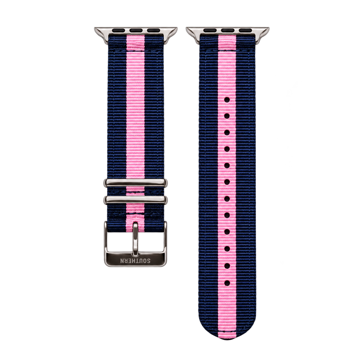 Blue and pink striped woven nylon Apple Watch band with silver buckle — Southern Straps