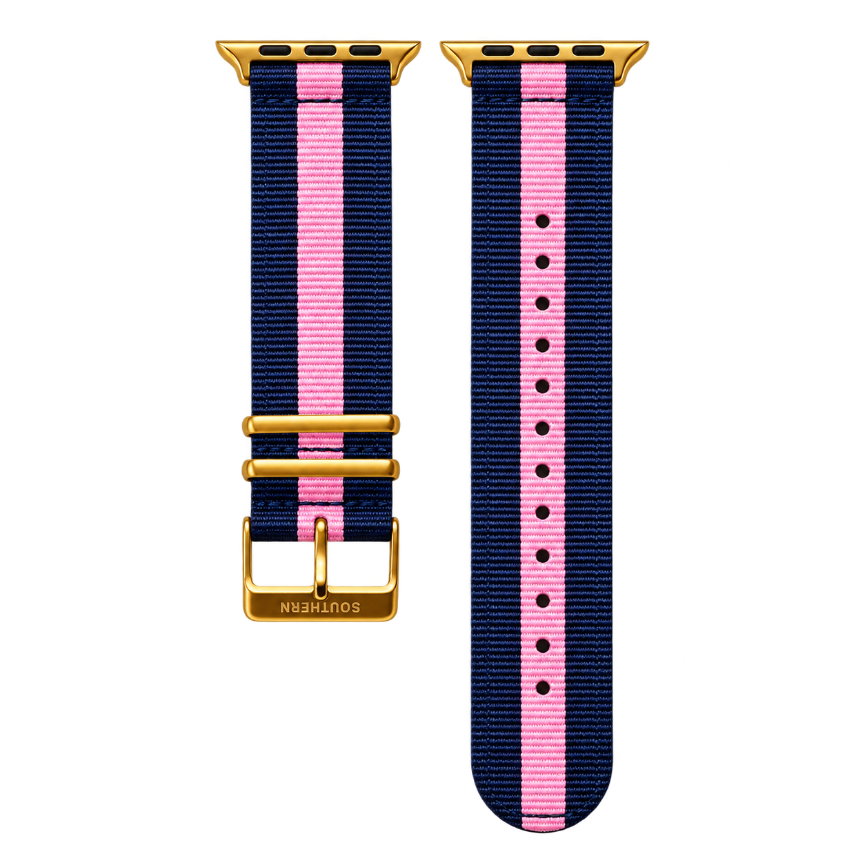 Blue and pink striped woven nylon Apple Watch band with gold buckle — Southern Straps
