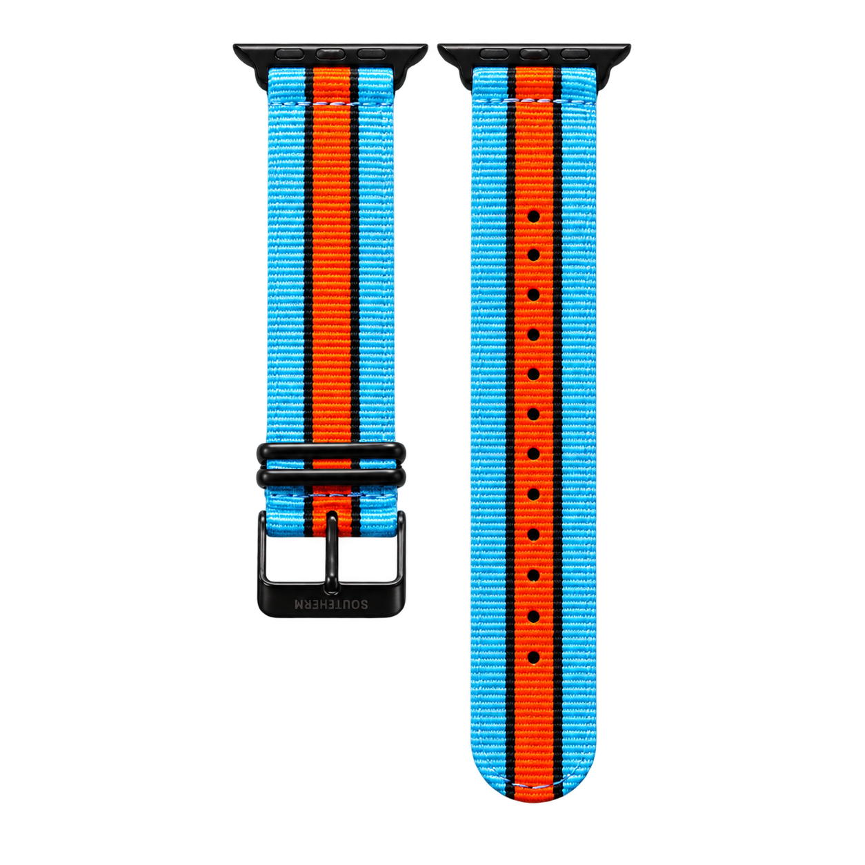 Blue, black and orange striped woven nylon Apple Watch band — Southern Straps