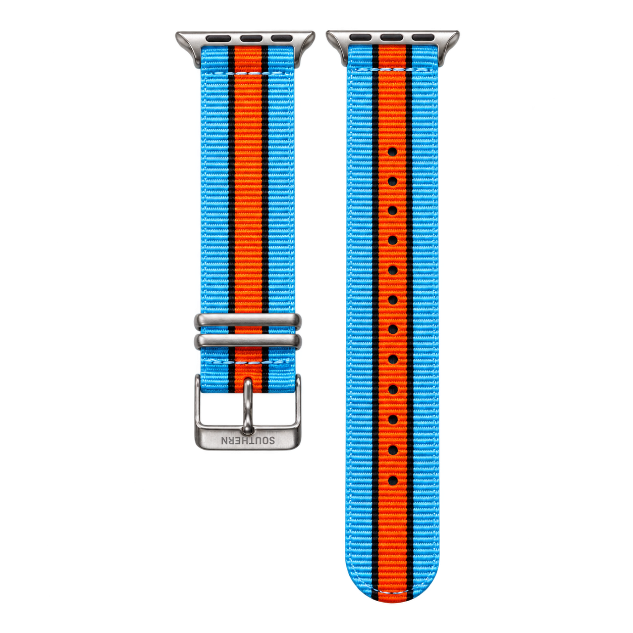 Blue, black and orange striped woven nylon Apple Watch band with silver buckle — Southern Straps