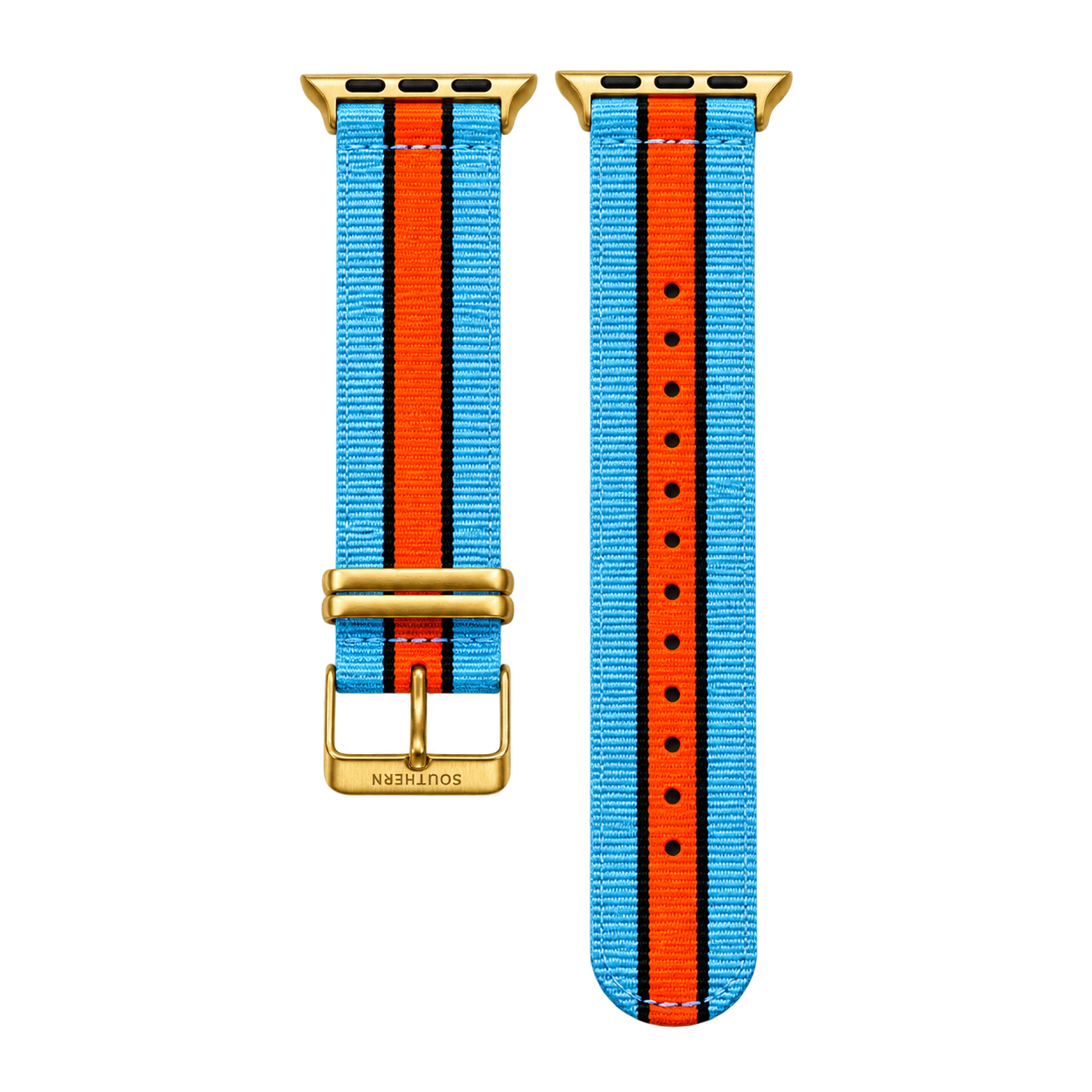 Blue, black and orange striped woven nylon Apple Watch band with gold buckle — Southern Straps