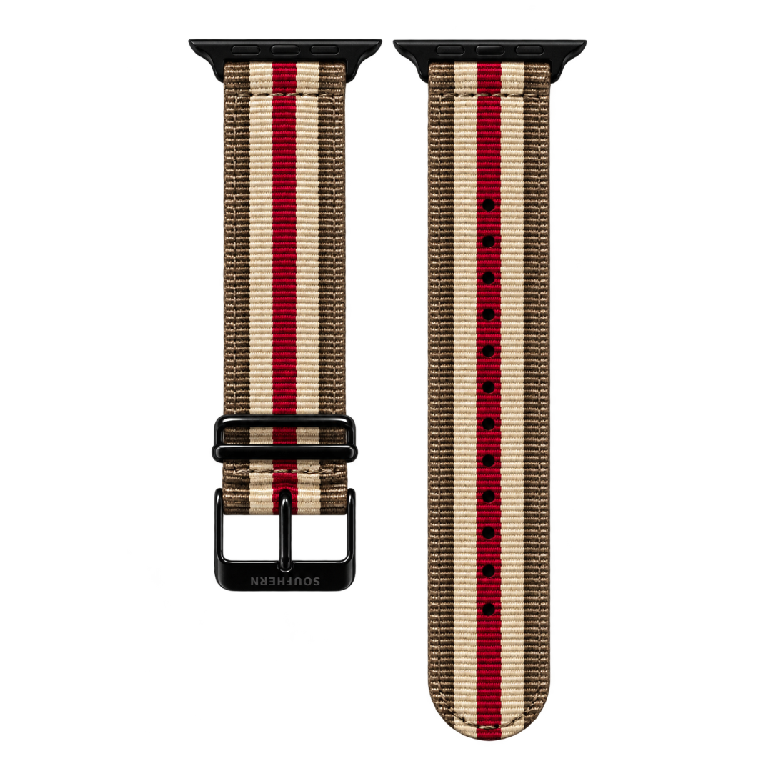 Khaki and red striped woven nylon Apple Watch band with black buckle — Southern Straps