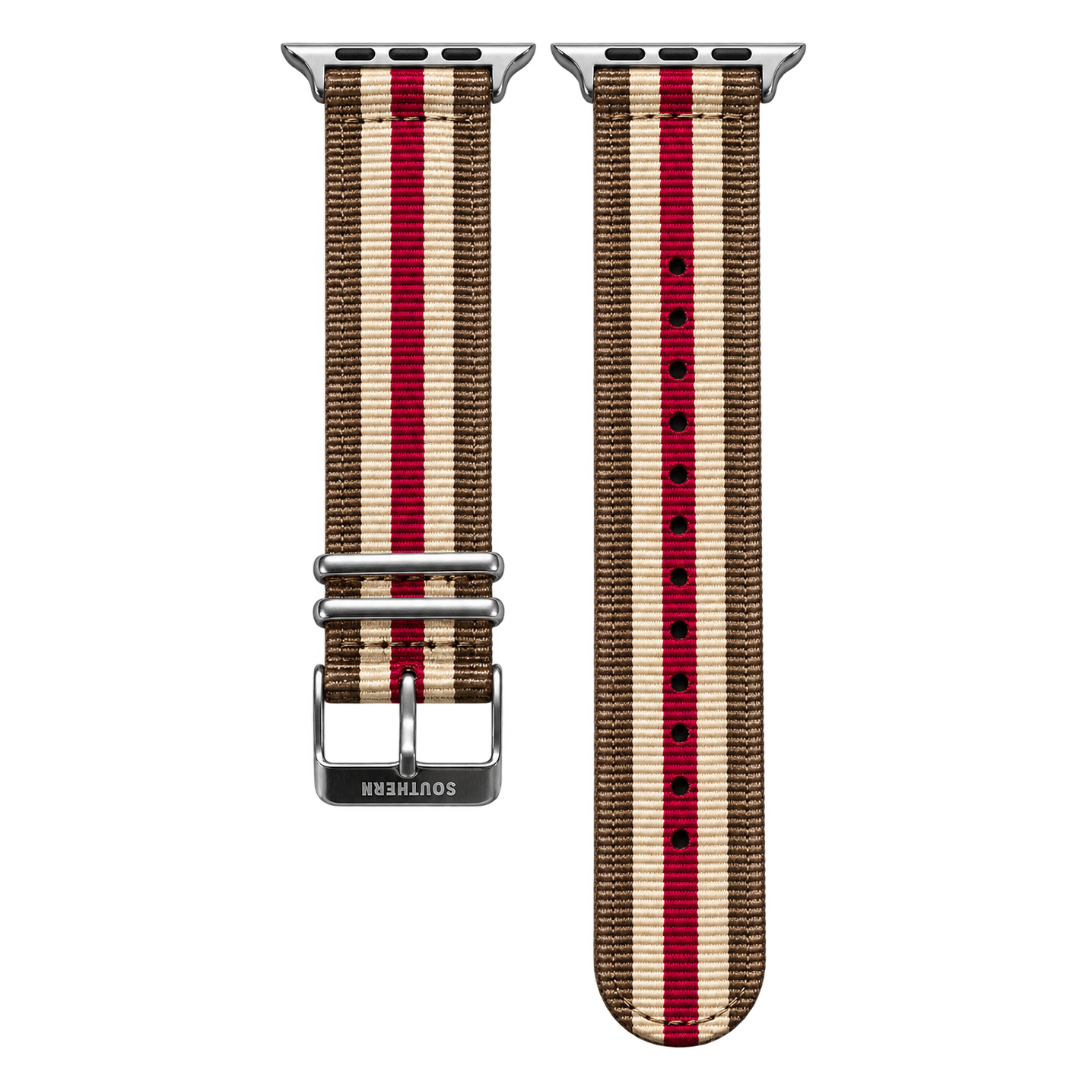 Khaki and red striped woven nylon Apple Watch band with silver buckle — Southern Straps