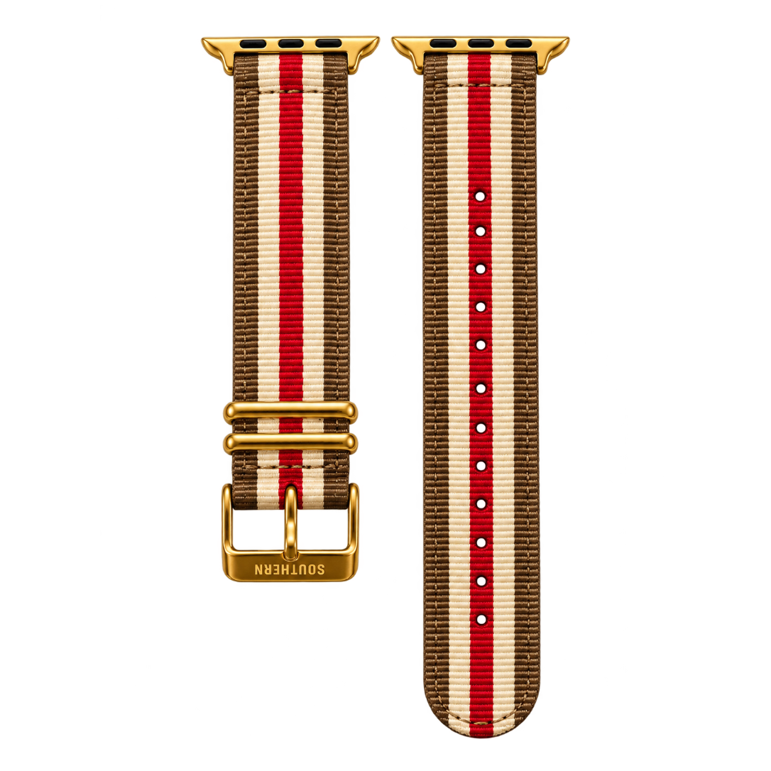 Khaki and red striped woven nylon Apple Watch band with gold buckle — Southern Straps