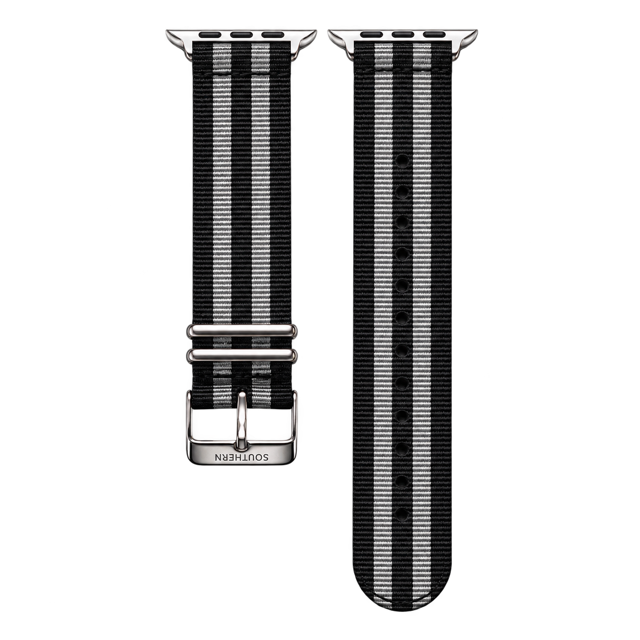 Black and gray striped woven nylon Apple Watch band with silver buckle — Southern Straps