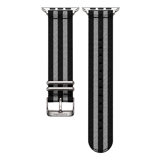 Black and gray striped woven nylon Apple Watch band with silver buckle — Southern Straps