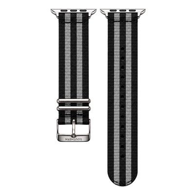 Black and gray striped woven nylon Apple Watch band with silver buckle — Southern Straps