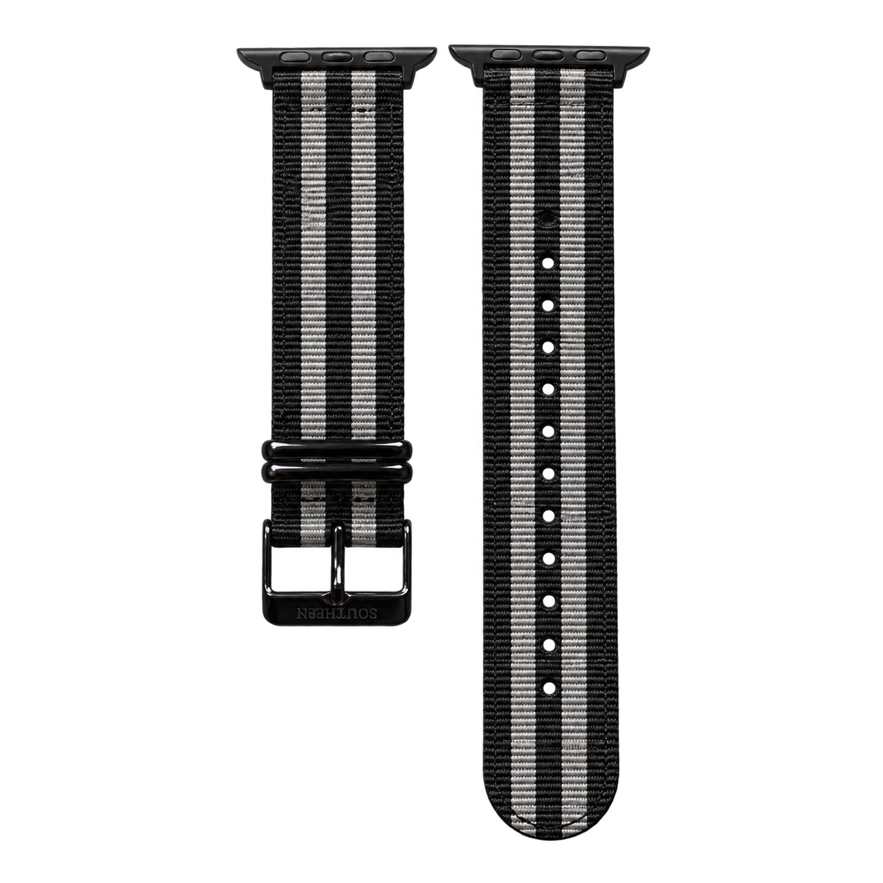 Black and gray striped woven nylon Apple Watch band with black buckle — Southern Straps