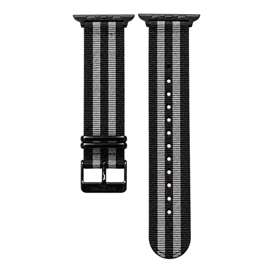 Black and gray striped woven nylon Apple Watch band with black buckle — Southern Straps