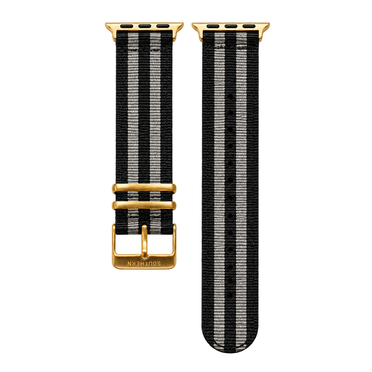Black and gray striped woven nylon Apple Watch band with gold buckle — Southern Straps