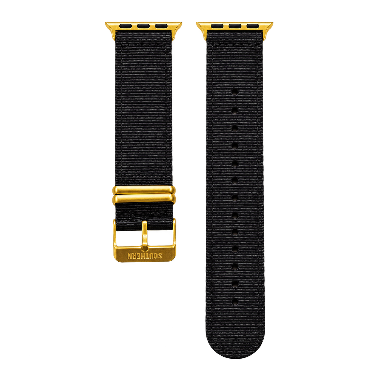 Black woven nylon Apple Watch band with gold buckle — Southern Straps
