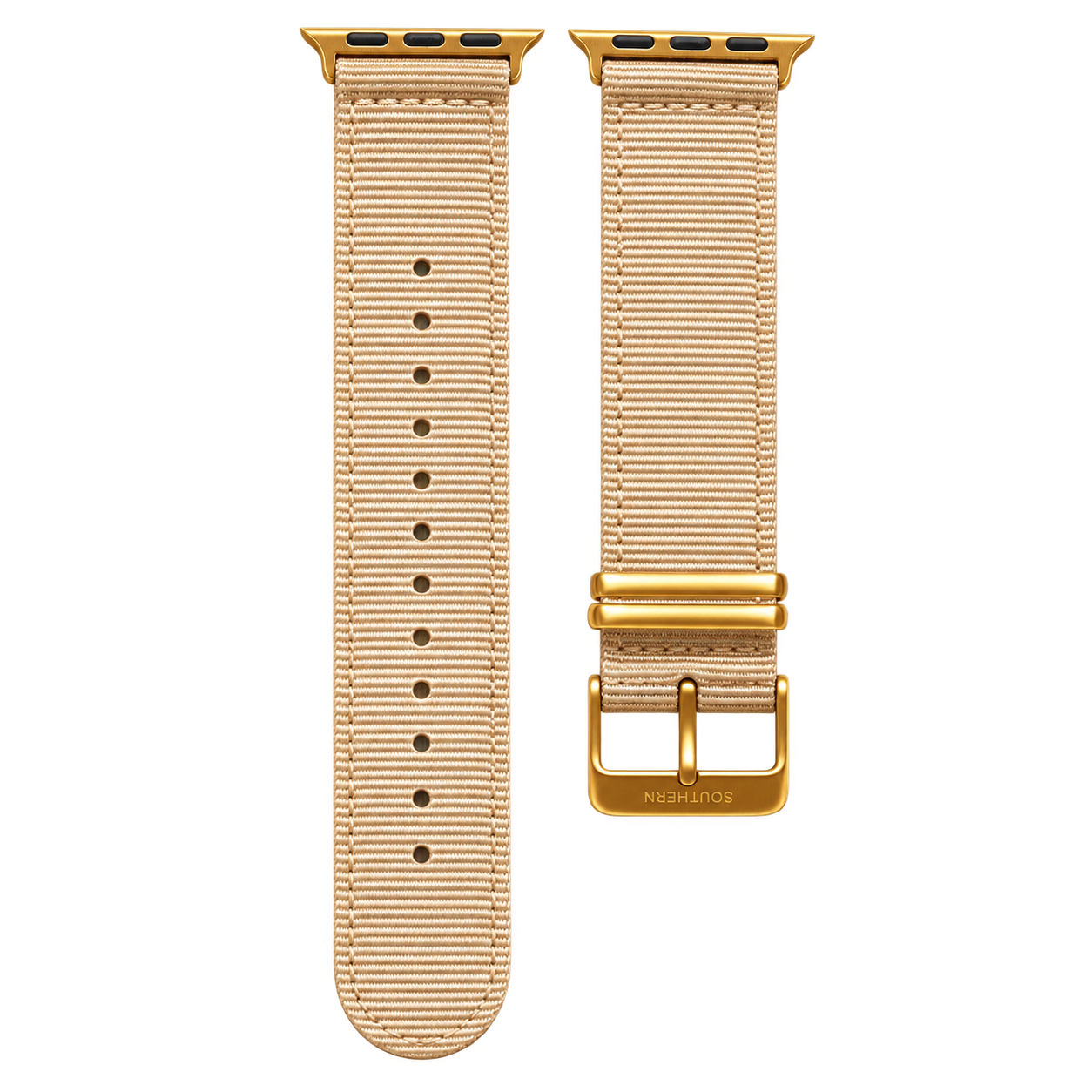 Beige woven nylon Apple Watch band with gold buckle — Southern Straps