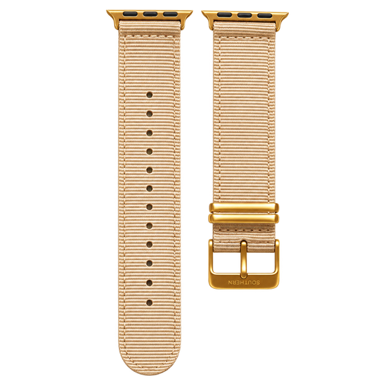 Beige woven nylon Apple Watch band with gold buckle — Southern Straps