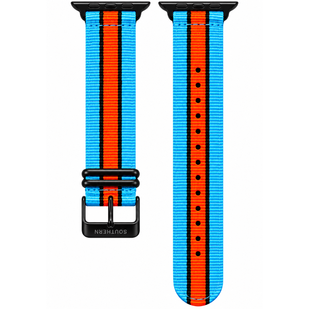 Blue, black and orange striped woven nylon Apple Watch band with black buckle — Southern Straps