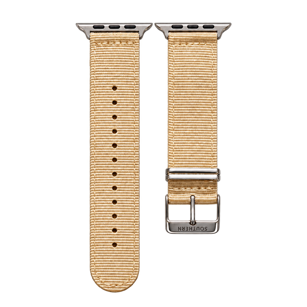 Beige woven nylon Apple Watch band with silver buckle — Southern Straps