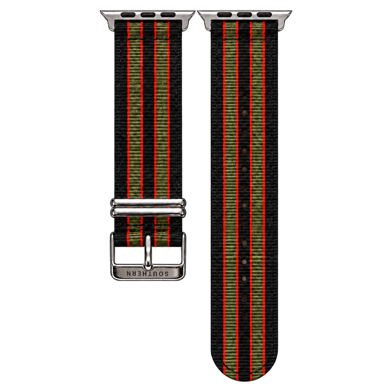 Black, red and green striped woven nylon Apple Watch band with silver buckle — Southern Straps