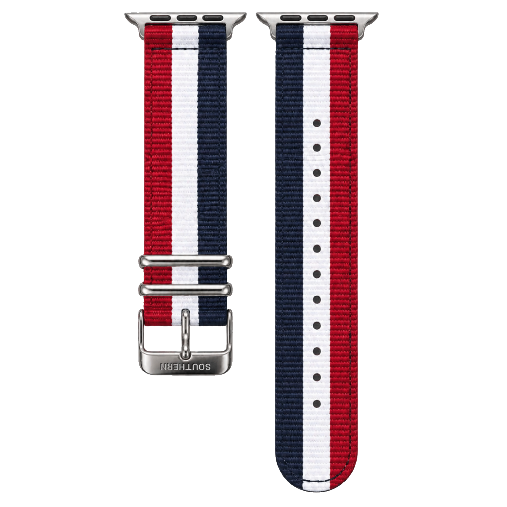 Red, white and blue striped woven nylon Apple Watch band with silver buckle — Southern Straps